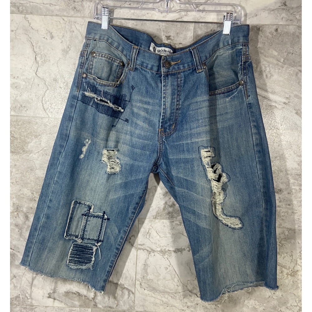 Akademiks Mens Distressed Patchwork Denim Jeans Shorts Size 32 Blue